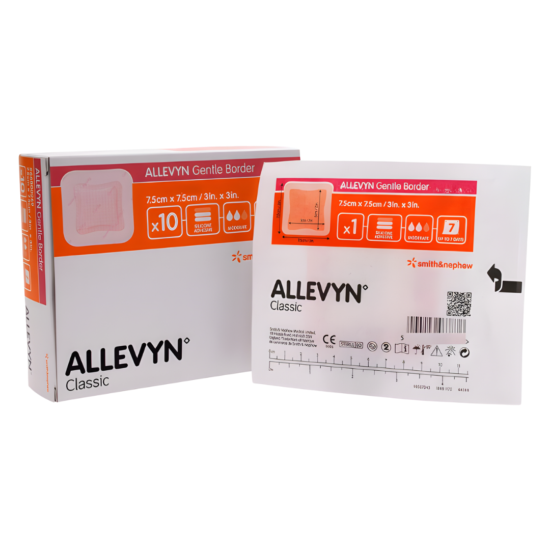 Allevyn AG Gentle Border Classic Foam Dressing is a soft, flexible foam dressing with a blue adhesive border, designed for moderate to high exuding wounds.