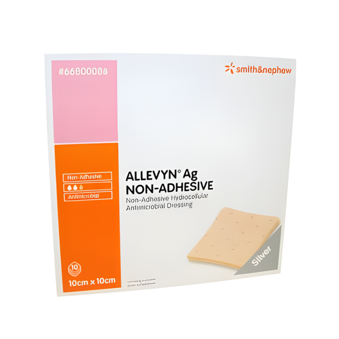 Allevyn Ag Non-Adhesive Classic silver foam dressings in multiple sizes, designed for antimicrobial protection and gentle wound care on sensitive or fragile skin.