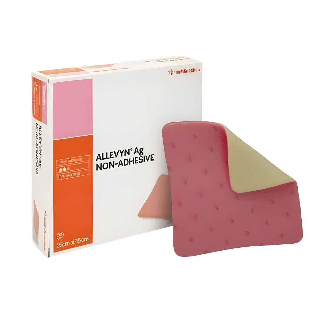 Allevyn Ag Non-Adhesive Classic silver foam dressings in multiple sizes, designed for antimicrobial protection and gentle wound care on sensitive or fragile skin.
