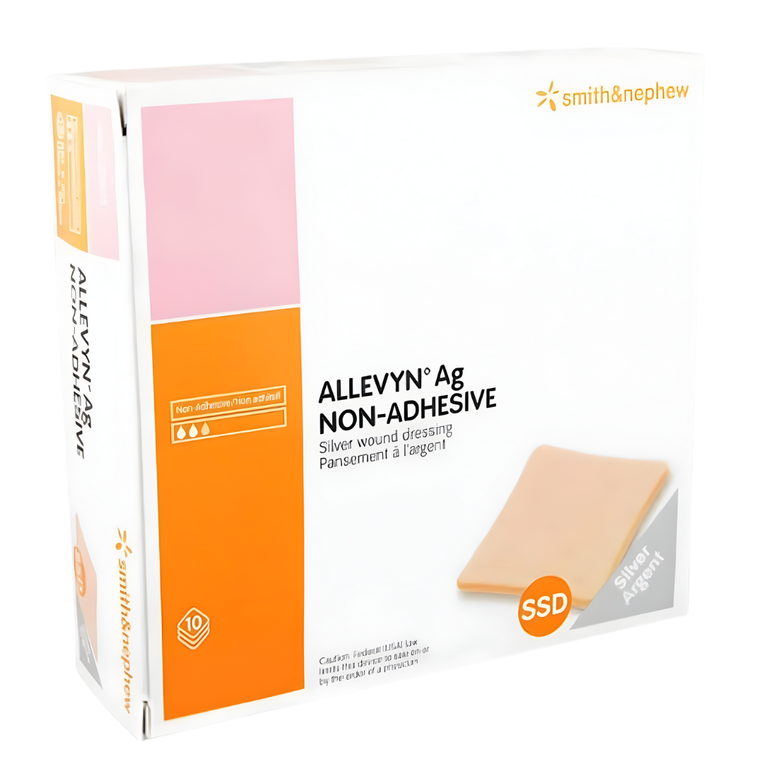 Allevyn Ag Non-Adhesive Classic silver foam dressings in multiple sizes, designed for antimicrobial protection and gentle wound care on sensitive or fragile skin.