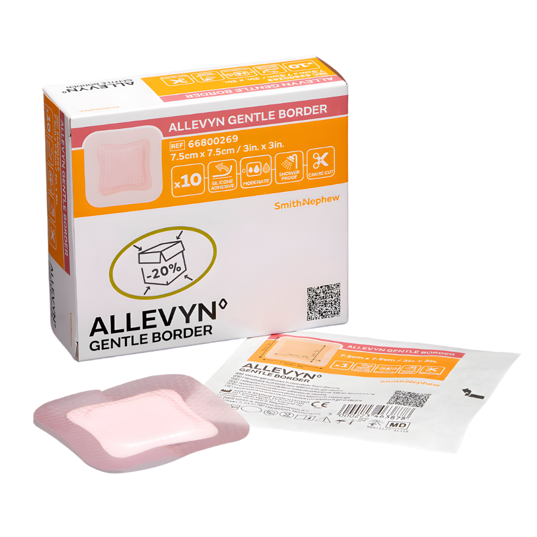 Allevyn Gentle Border Classic foam dressing in multiple sizes, gentle adhesive for secure wound care and comfort.