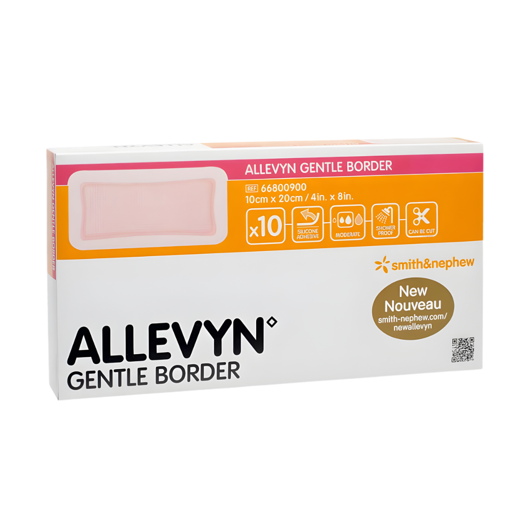 Allevyn Gentle Border Classic foam dressing in multiple sizes, gentle adhesive for secure wound care and comfort.