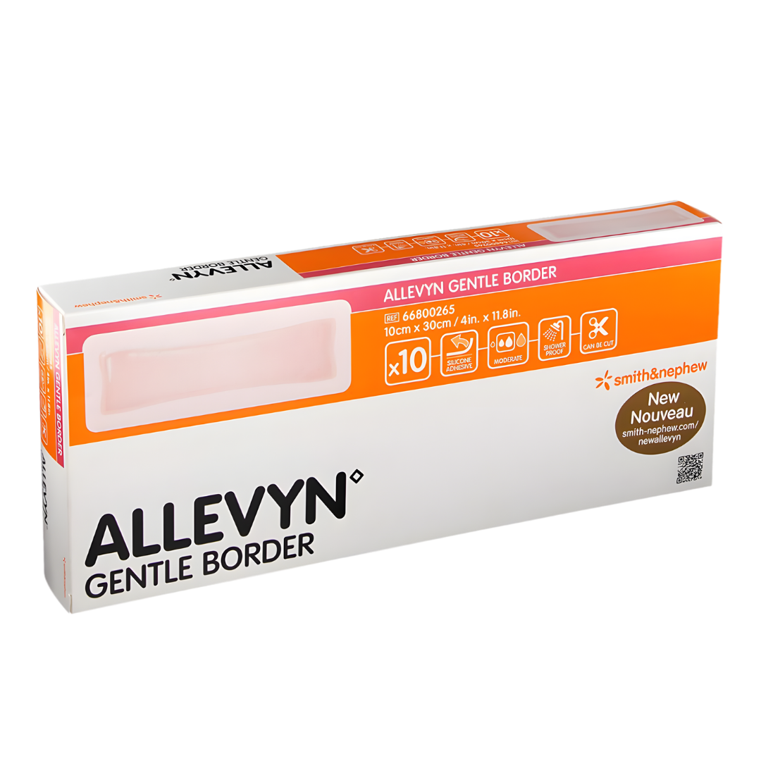 Allevyn Gentle Border Classic foam dressing in multiple sizes, gentle adhesive for secure wound care and comfort.