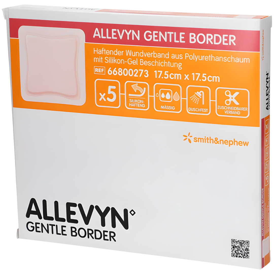 Allevyn Gentle Border Classic foam dressing in multiple sizes, gentle adhesive for secure wound care and comfort.