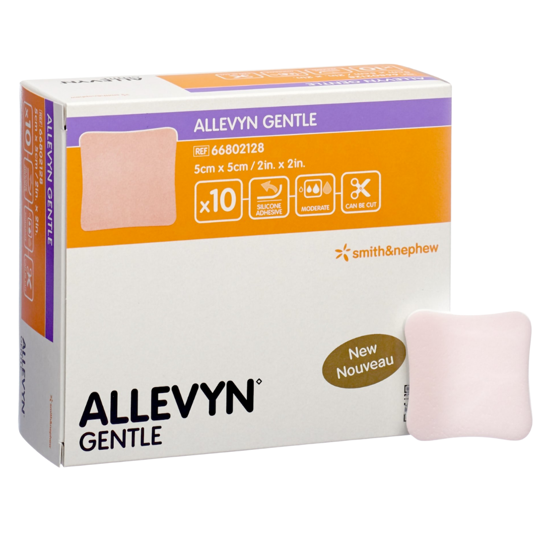 Allevyn Gentle Foam Dressing is a medical wound care product consisting of a soft, absorbent foam material designed to cover and protect wounds. The dressing has a smooth, white surface with an adhesive border around the edges to keep it securely in place. Its lightweight foam structure allows for breathability while promoting a moist wound healing environment.