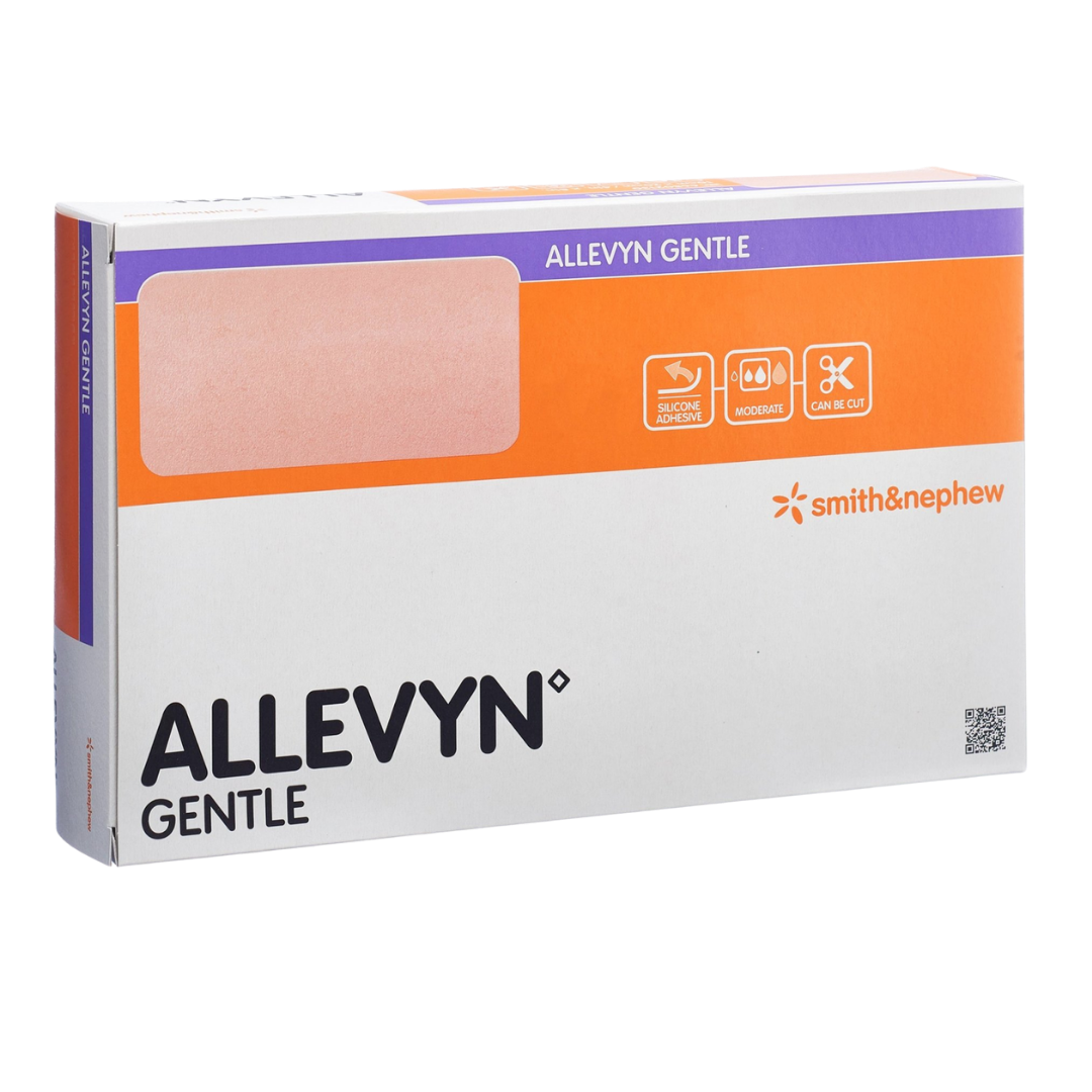 Allevyn Gentle Foam Dressing is a medical wound care product consisting of a soft, absorbent foam material designed to cover and protect wounds. The dressing has a smooth, white surface with an adhesive border around the edges to keep it securely in place. Its lightweight foam structure allows for breathability while promoting a moist wound healing environment.