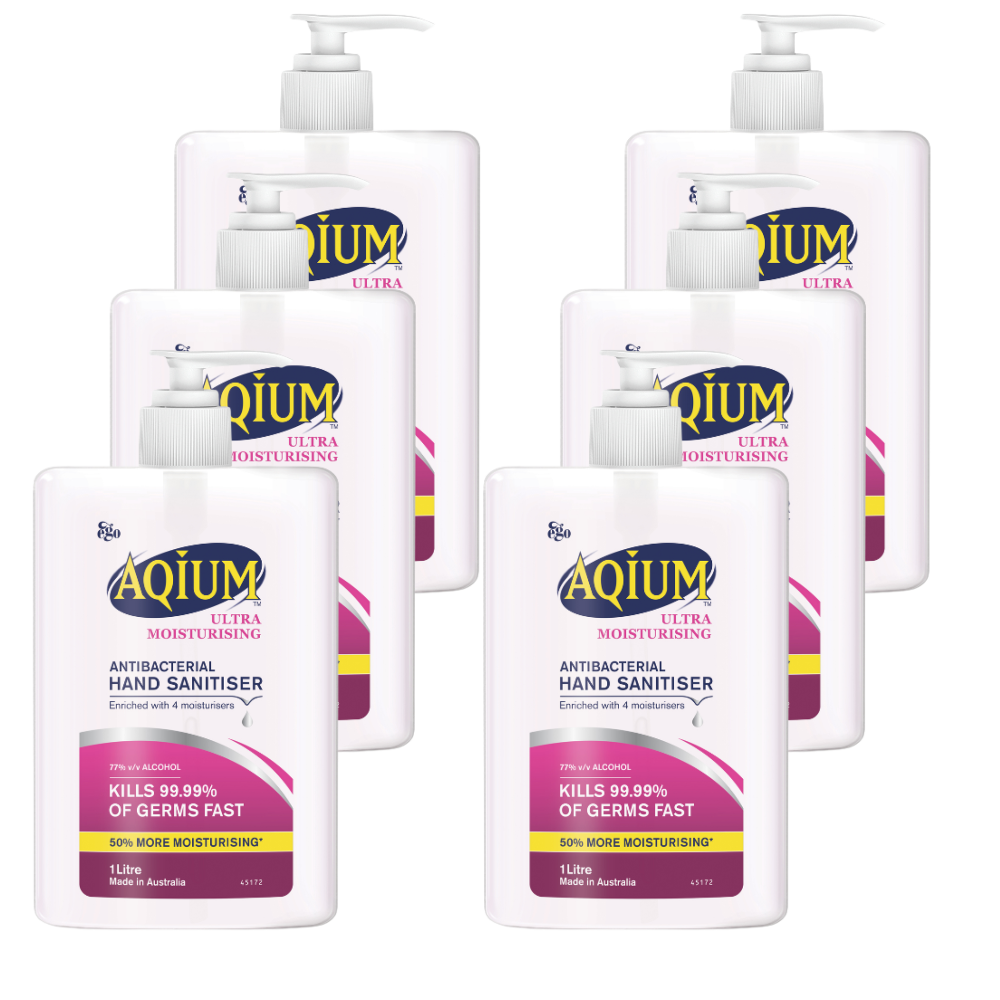 Multiple bottles of Aquium Ultra Moisturising Hand Sanitiser on a white background