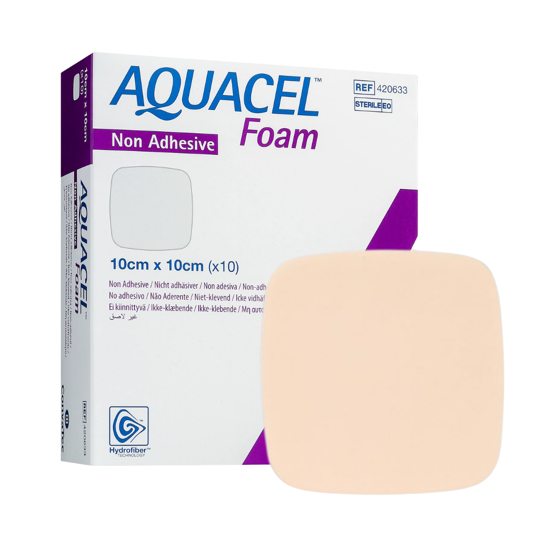 Aquacel Foam Non-Adhesive Dressing with multi-layer construction and Hydrofiber Technology, designed for managing moderate to heavily exuding wounds on sensitive skin.