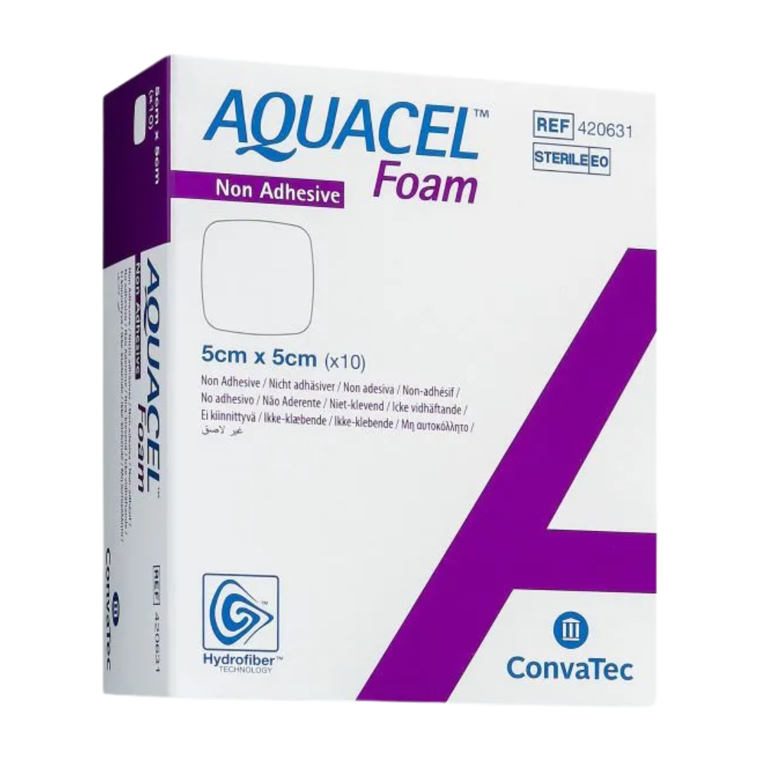 Aquacel Foam Non-Adhesive Dressing with multi-layer construction and Hydrofiber Technology, designed for managing moderate to heavily exuding wounds on sensitive skin.
