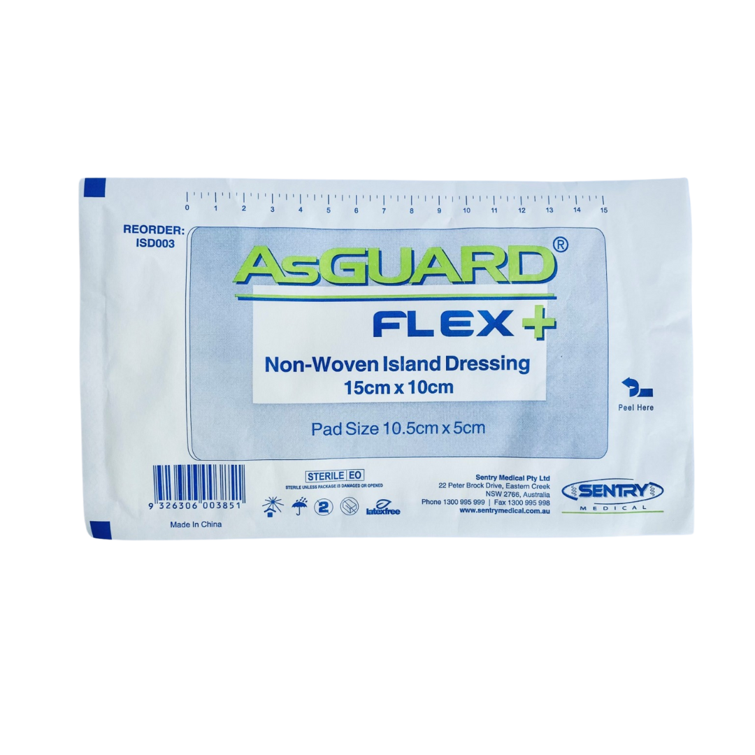 AsGUARD Flex+ non-woven island dressing, size 15cm x 10cm with pad size 10.5cm x 5cm. Sterile and flexible for secure wound coverage and comfort.
