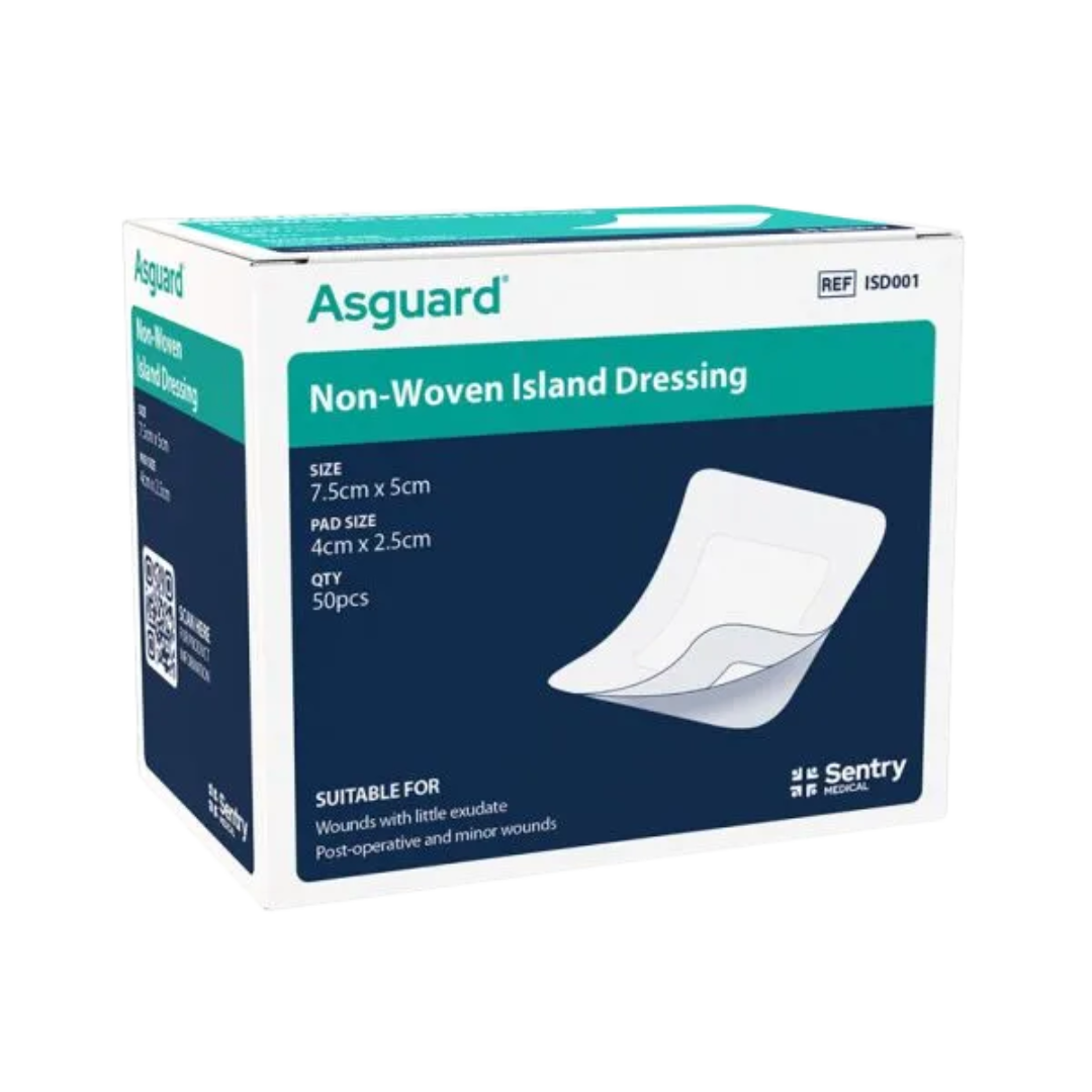 AsGUARD non-woven island dressing box pack, size 7.5cm x 5cm with pad size 4cm x 2.5cm. Designed for secure wound coverage and comfort.
