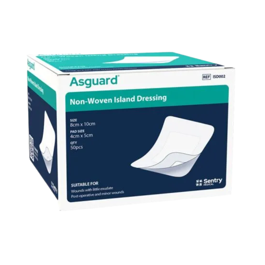 AsGUARD non-woven island dressing box pack, size 8cm x 10cm with pad size 4cm x 5cm. Sterile and suitable for wounds with little exudate and post-operative care.
