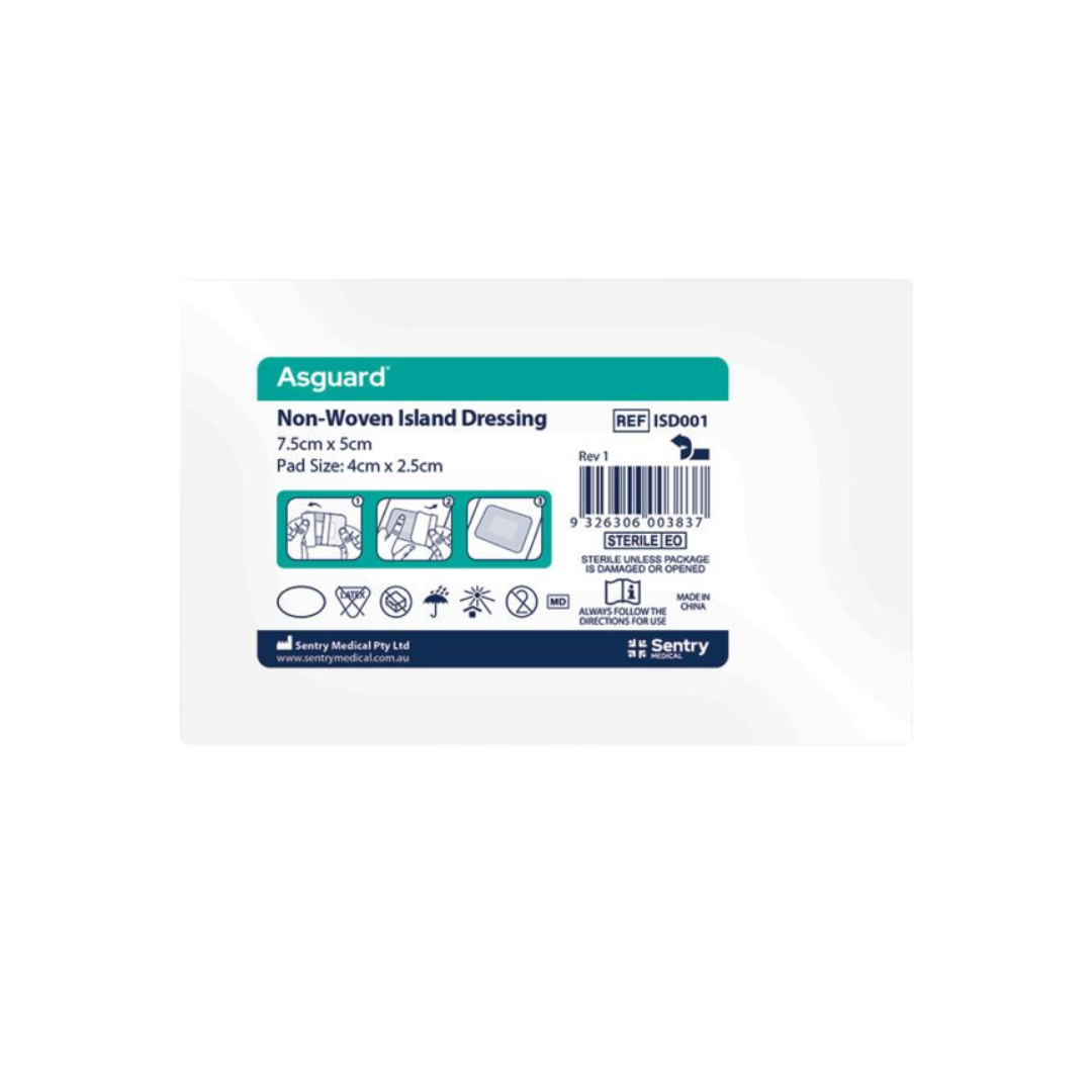 AsGUARD non-woven island dressing, size 7.5cm x 5cm with pad size 4cm x 2.5cm. Sterile and ideal for minor wounds and post-surgical dressing.
