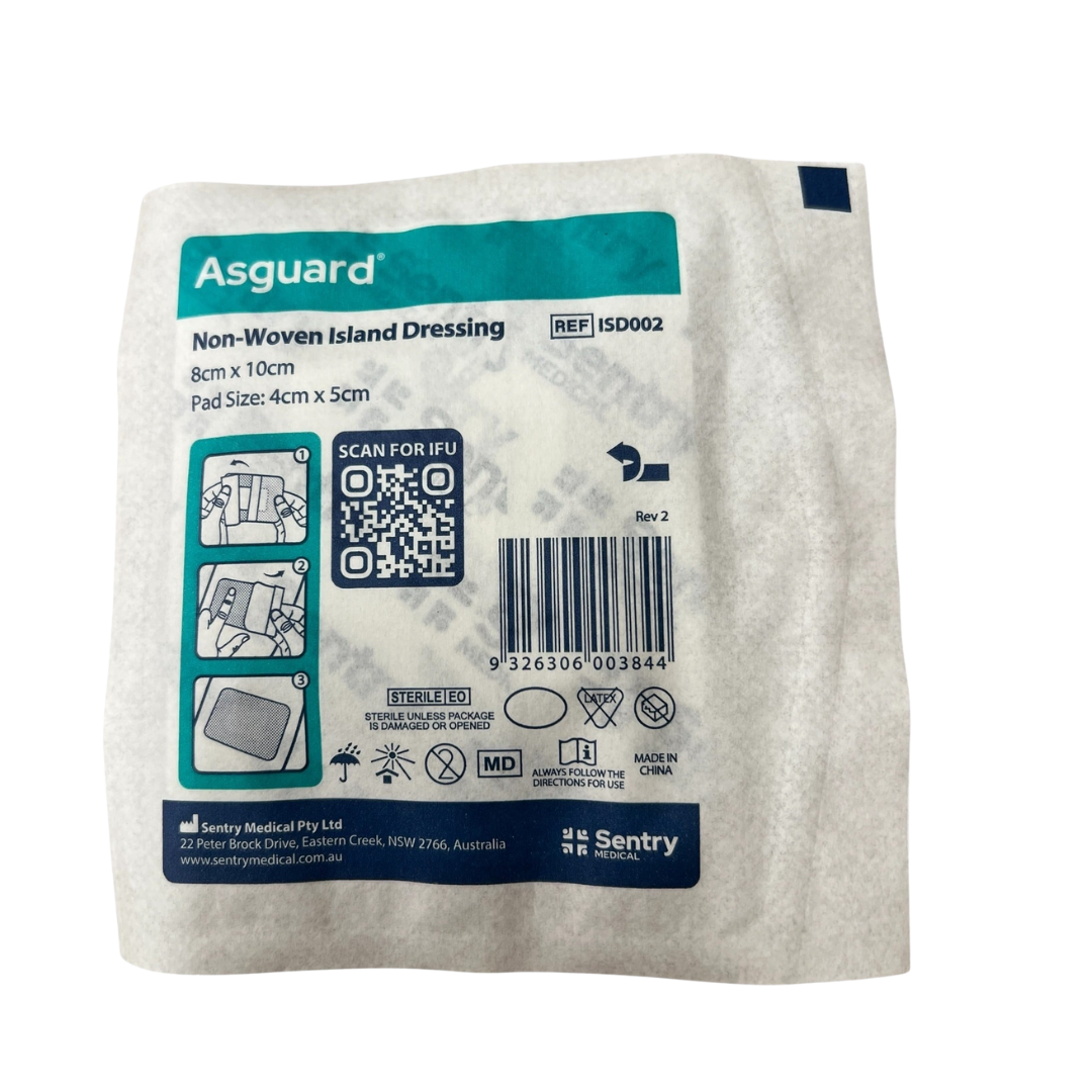 AsGUARD non-woven island dressing, size 8cm x 10cm with pad size 4cm x 5cm. Sterile and suitable for wounds with little exudate and minor surgical sites.
