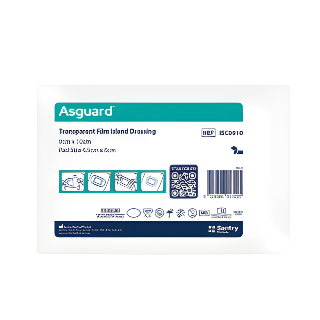Asguard Clear + Film Island Dressing is a transparent, waterproof dressing designed for optimal wound care. It provides a sterile barrier that protects wounds from infection while allowing easy monitoring without removing the dressing.