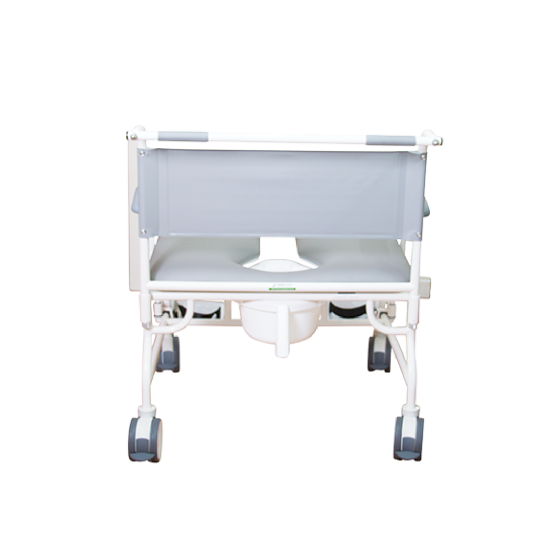 Aspire Bariatric Mobile Shower Commode with wide padded seat, stainless-steel frame, and swing-away footrests.