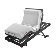 Aspire ComfiMotion Activ Care Ultra Low Bed in upholstered Portobello Grey with adjustable height and head support.