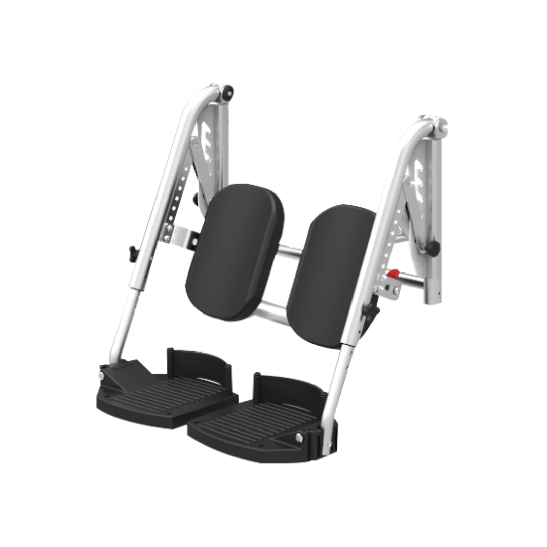 Aspire Elevating Legrest with padded calf support, stainless-steel frame, and adjustable angle, fitted to a shower commode.