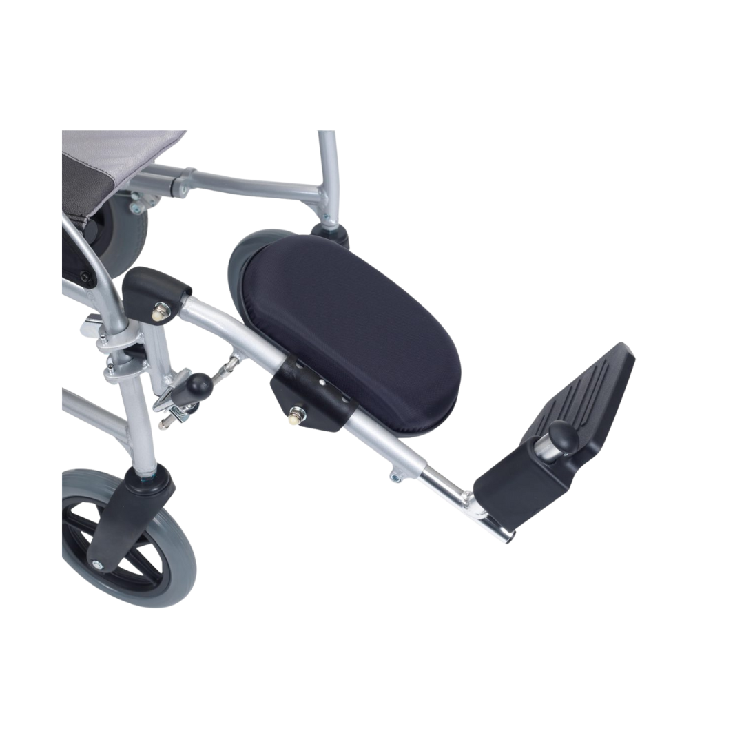 Aspire Elevating Legrest with padded calf support, stainless-steel frame, and adjustable angle, fitted to a shower commode.