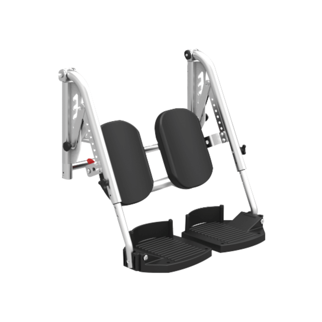 Aspire Elevating Legrest with padded calf support, stainless-steel frame, and adjustable angle, fitted to a shower commode.