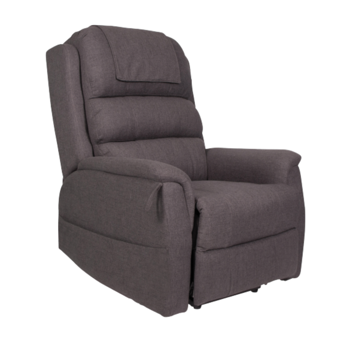 Aspire Oregon Lift Recliner Chair with dual motor and padded fabric in Charcoal, ideal for mobility support and daily comfort.