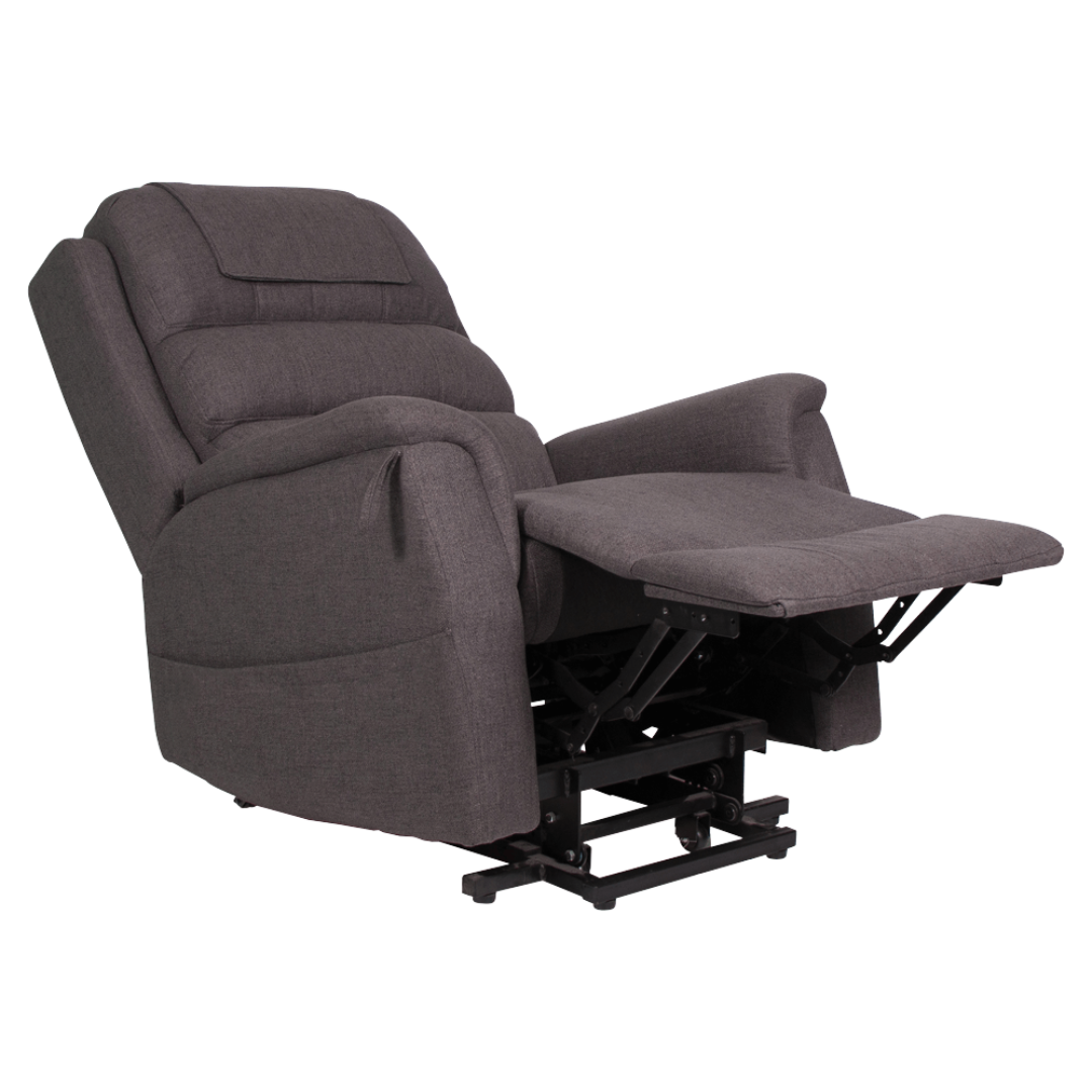 Aspire Oregon Lift Recliner Chair with dual motor and padded fabric in Charcoal, ideal for mobility support and daily comfort.