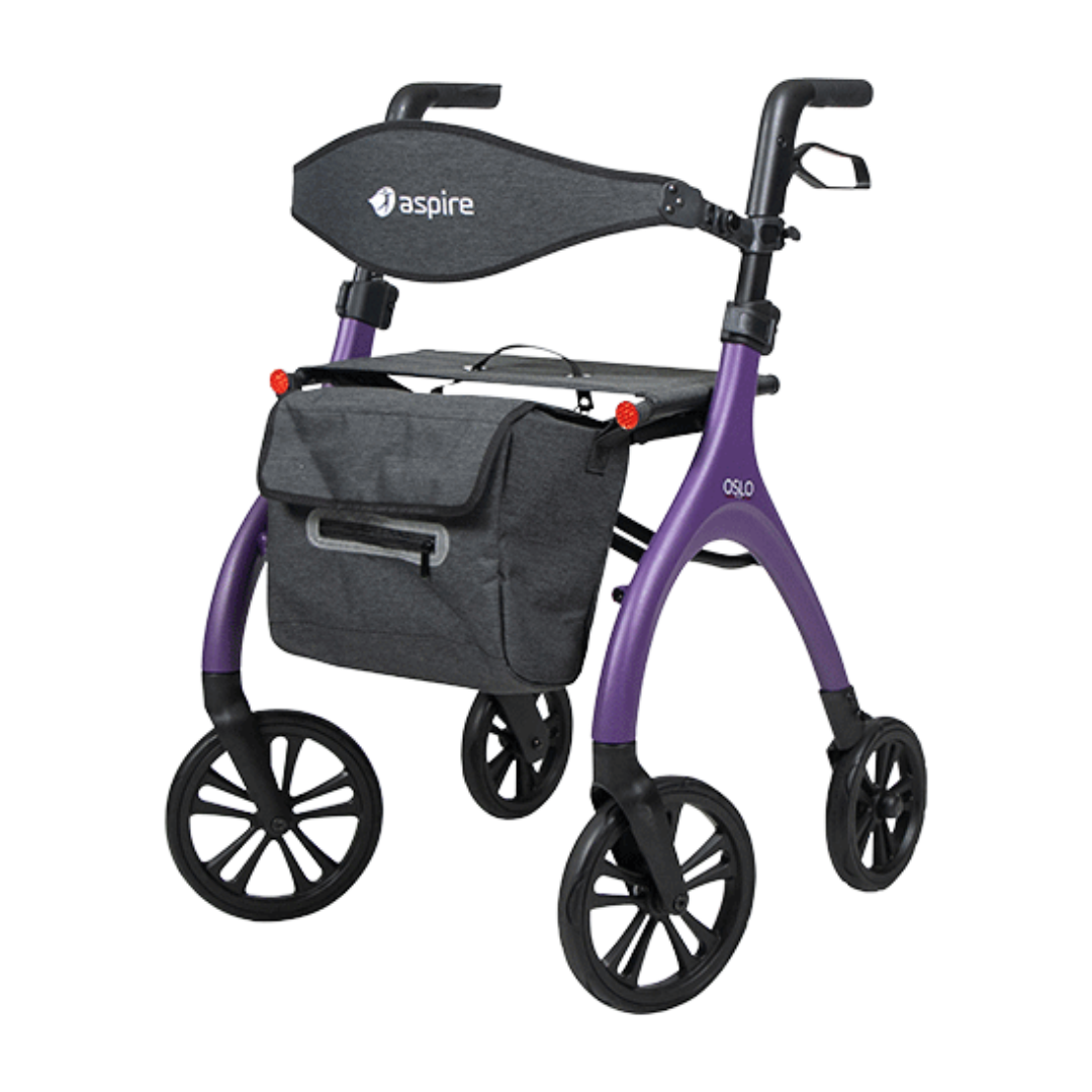 Aspire Oslo Seat Walker – Lightweight black rollator with seat and storage bag.