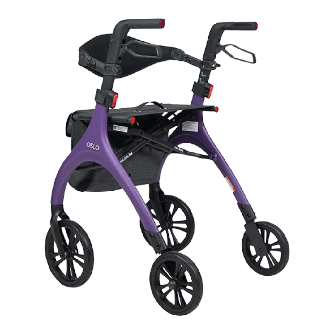 Aspire Oslo Seat Walker – Lightweight black rollator with seat and storage bag.