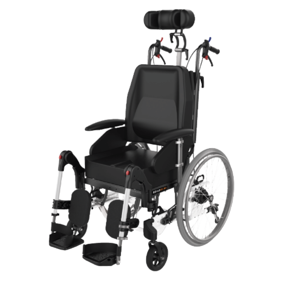 Aspire Rehab RX Junior wheelchair with tilt-in-space design, adjustable headrest, and contoured seating – paediatric wheelchair for clinical support.