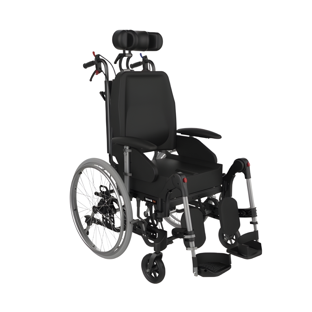 Aspire Rehab RX Junior wheelchair with tilt-in-space design, adjustable headrest, and contoured seating – paediatric wheelchair for clinical support.