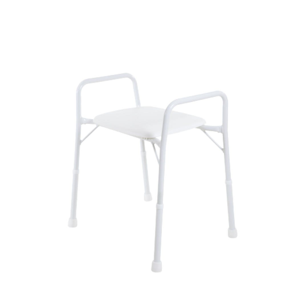 Aspire extra-wide shower stool with adjustable legs and non-slip feet for safe bathroom support.
