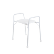 Aspire extra-wide shower stool with adjustable legs and non-slip feet for safe bathroom support.