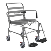 Aspire Swing Away Footrest Shower Commode – mobile hygiene chair with padded seat, stainless-steel frame, and removable footrests.