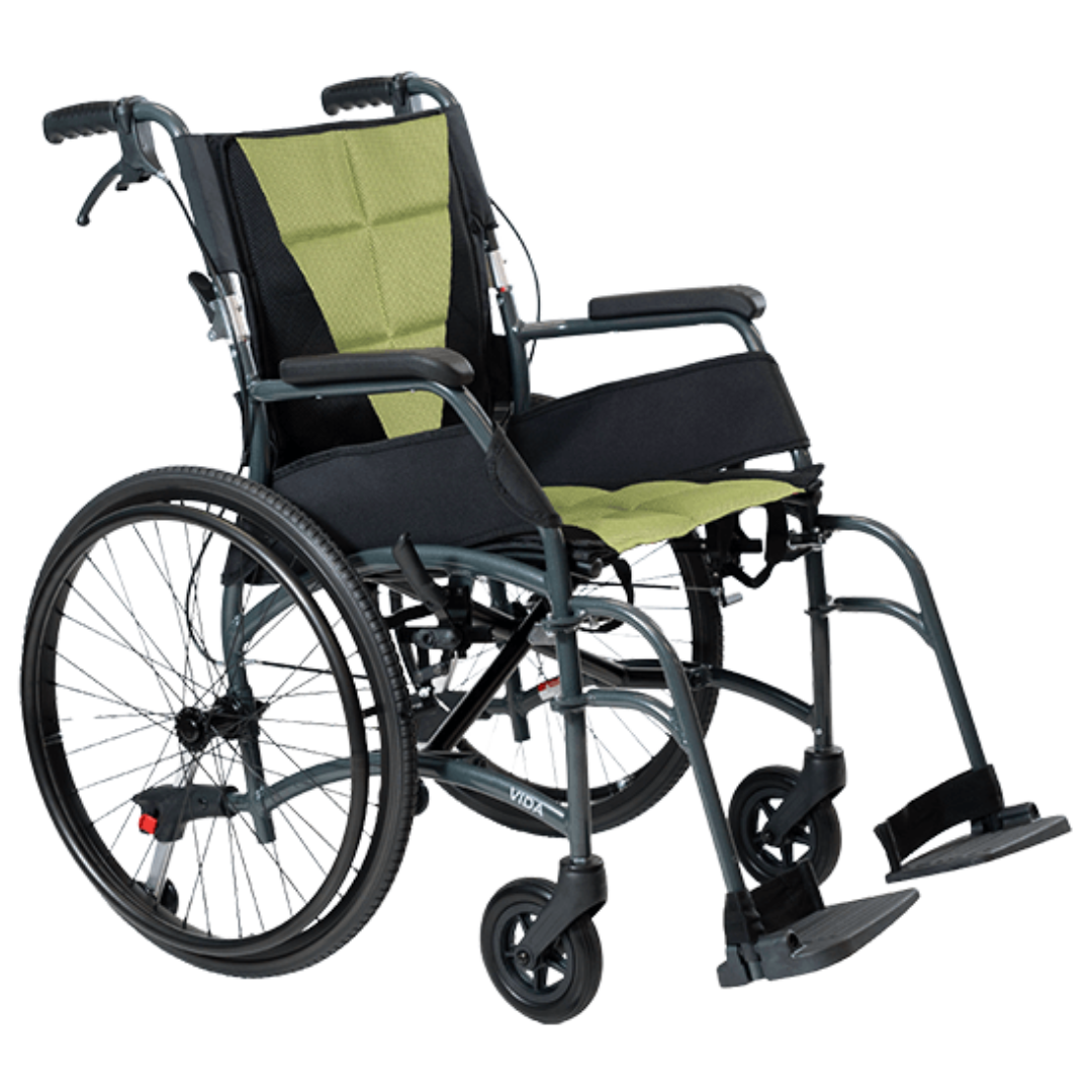 Aspire Vida Folding Manual Wheelchair with attendant brakes, swing-away footrests, and padded seat for caregiver-assisted mobility.