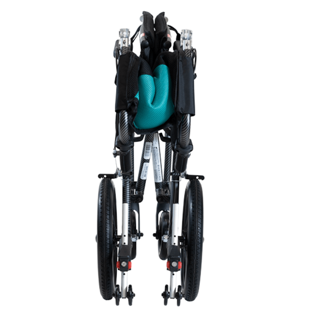 Aspire VIDA X Folding Wheelchair with adjustable armrests, swing-away leg rests, and large self-propelling rear wheels in a charcoal aluminium frame.
