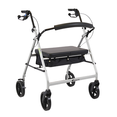 Aspire XL Seat Walker Rollator in Silver with wide padded seat and large wheels for bariatric mobility