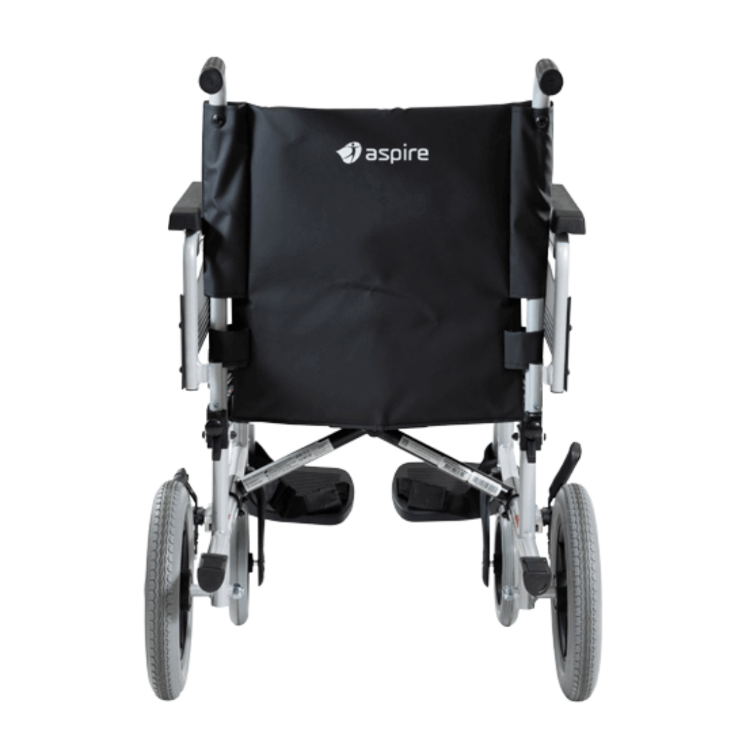 Aspire Transit 3 Folding Ward Wheelchair with black vinyl upholstery, swing-away footrests, and steel frame – ideal for clinical environments.