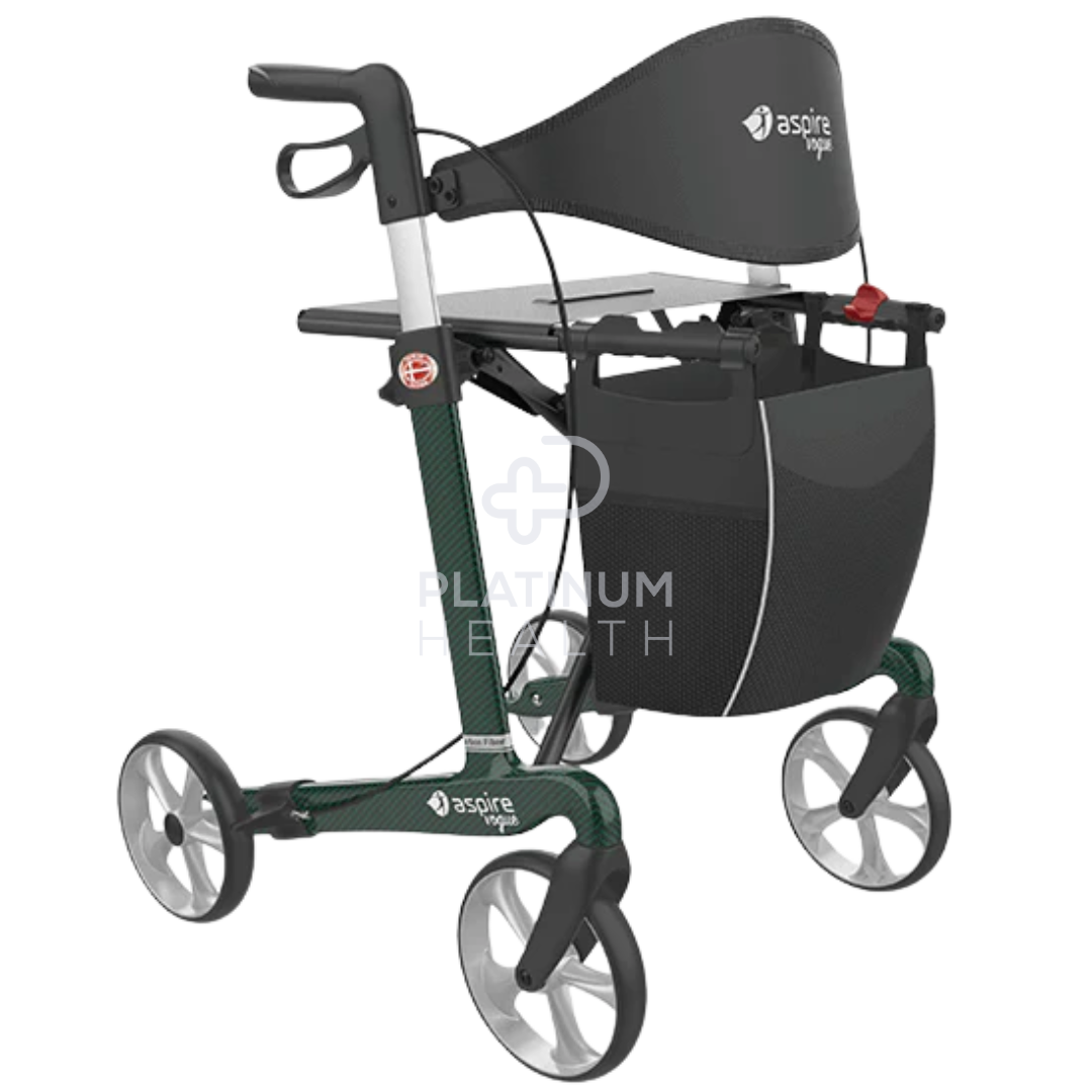 Aspire Vogue Carbon Fibre Seat Walker in Tall Emerald color with a black seat, green frame, and soft wheels, equipped with a cane holder and a small utility bag.