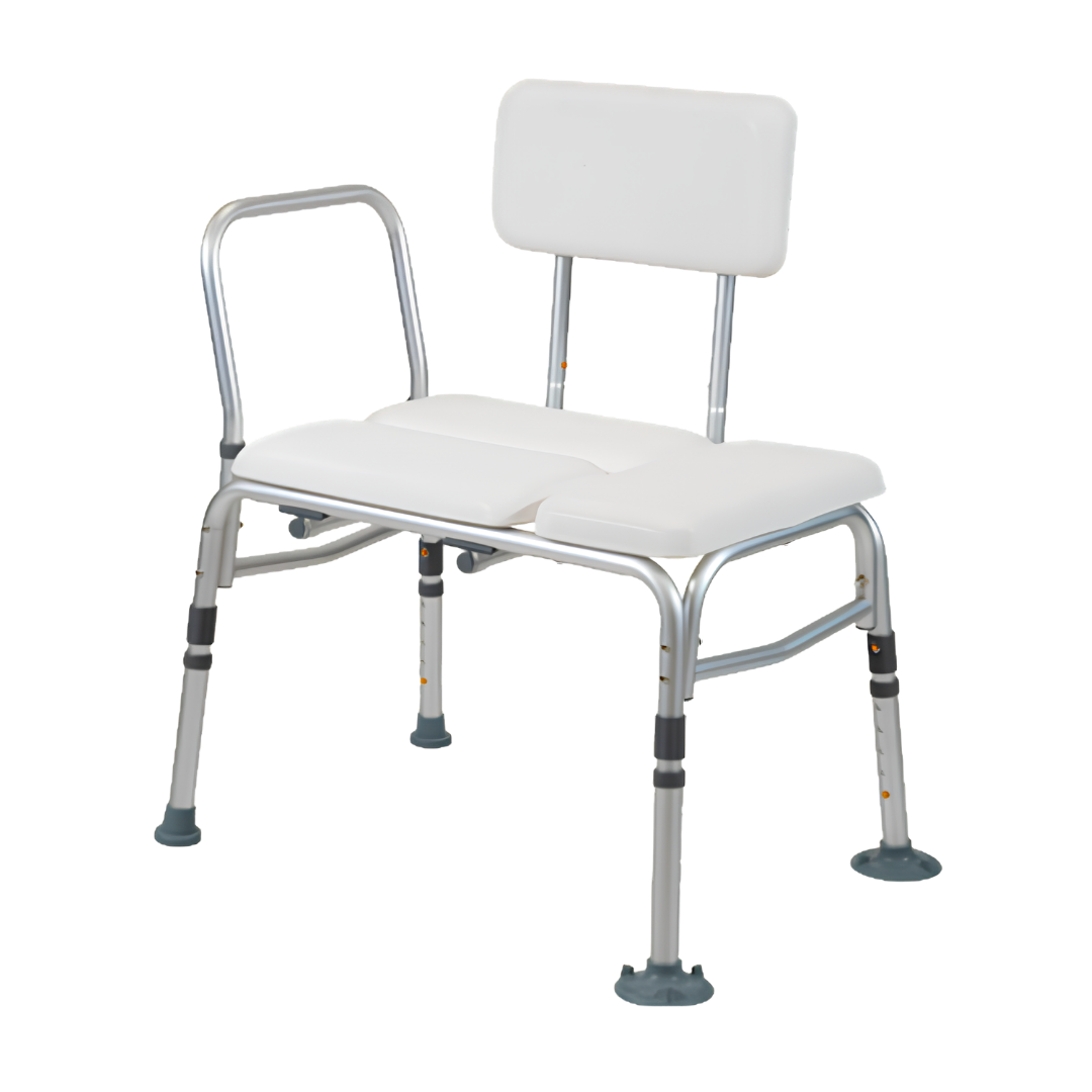Aspire Bath Transfer Bench with choice of plastic or padded seat, sturdy frame, adjustable height, supports safe transfers and bathing independence.