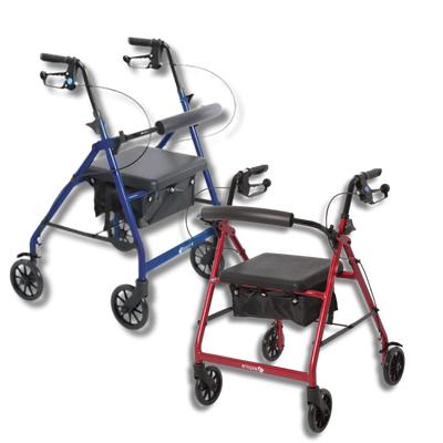 Two rollators, one blue and one red, on a white background