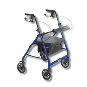 Aspire Classic 6" Wheels Seat Walker available in blue and red, foldable frame with padded seat for safe mobility.