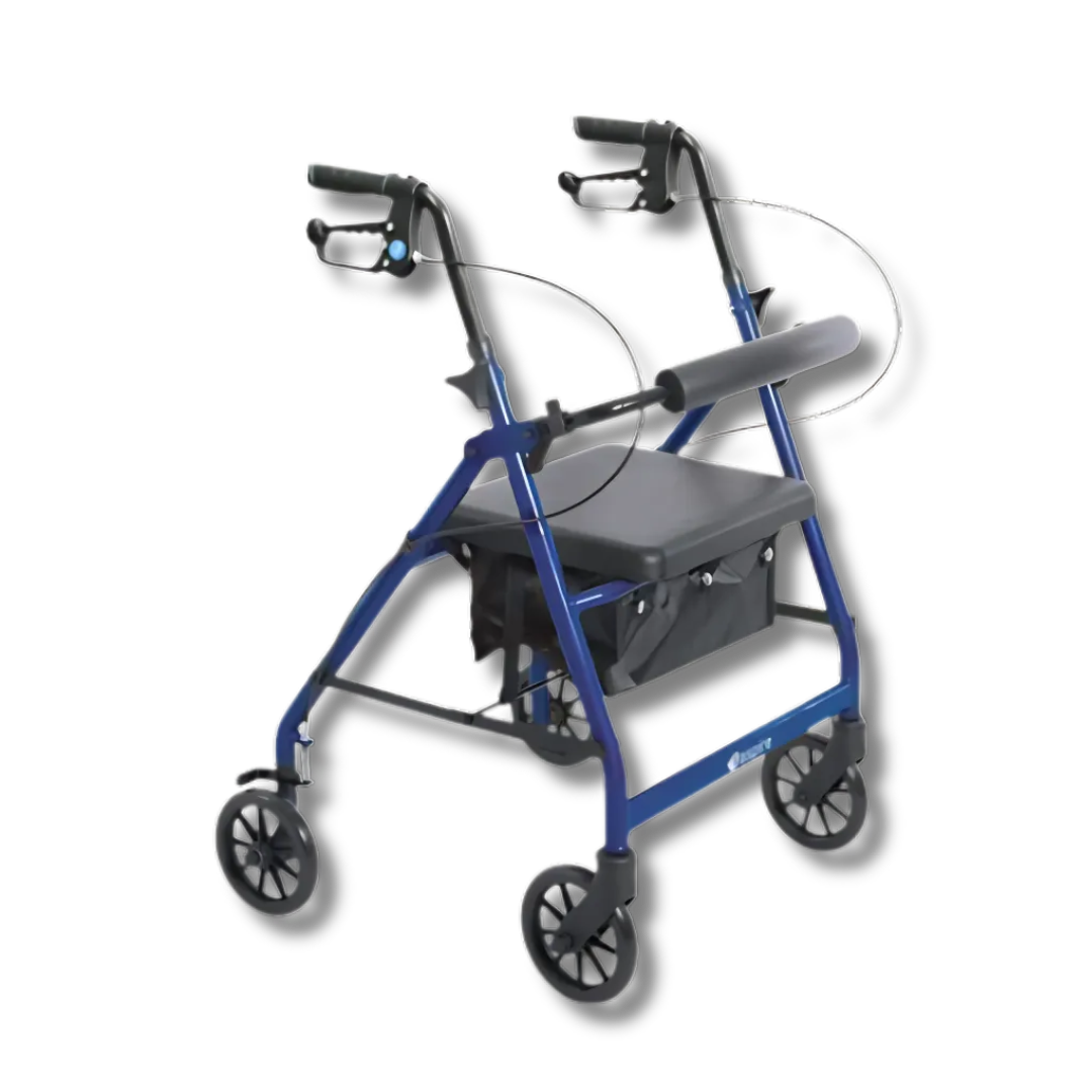Aspire Classic 6" Wheels Seat Walker available in blue and red, foldable frame with padded seat for safe mobility.
