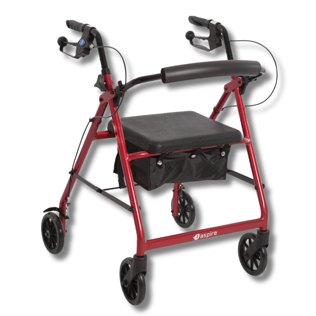 Aspire Classic 6" Wheels Seat Walker available in blue and red, foldable frame with padded seat for safe mobility.