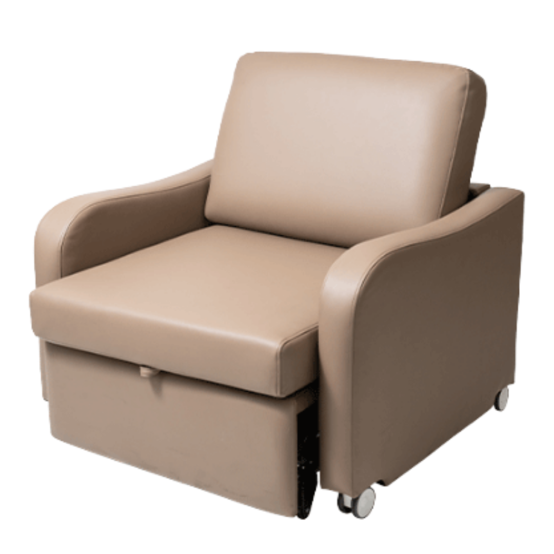 Aspire Comfy Sleeper overnight chair easily converts to a supportive bed, padded design for comfort, ideal for visitors staying in healthcare or home settings.