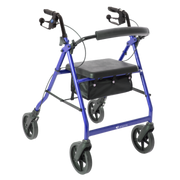 Aspire Deluxe Seat Walker in blue, lightweight frame with 130kg safe working load, 46cm seat width, and 82–94cm adjustable height range.