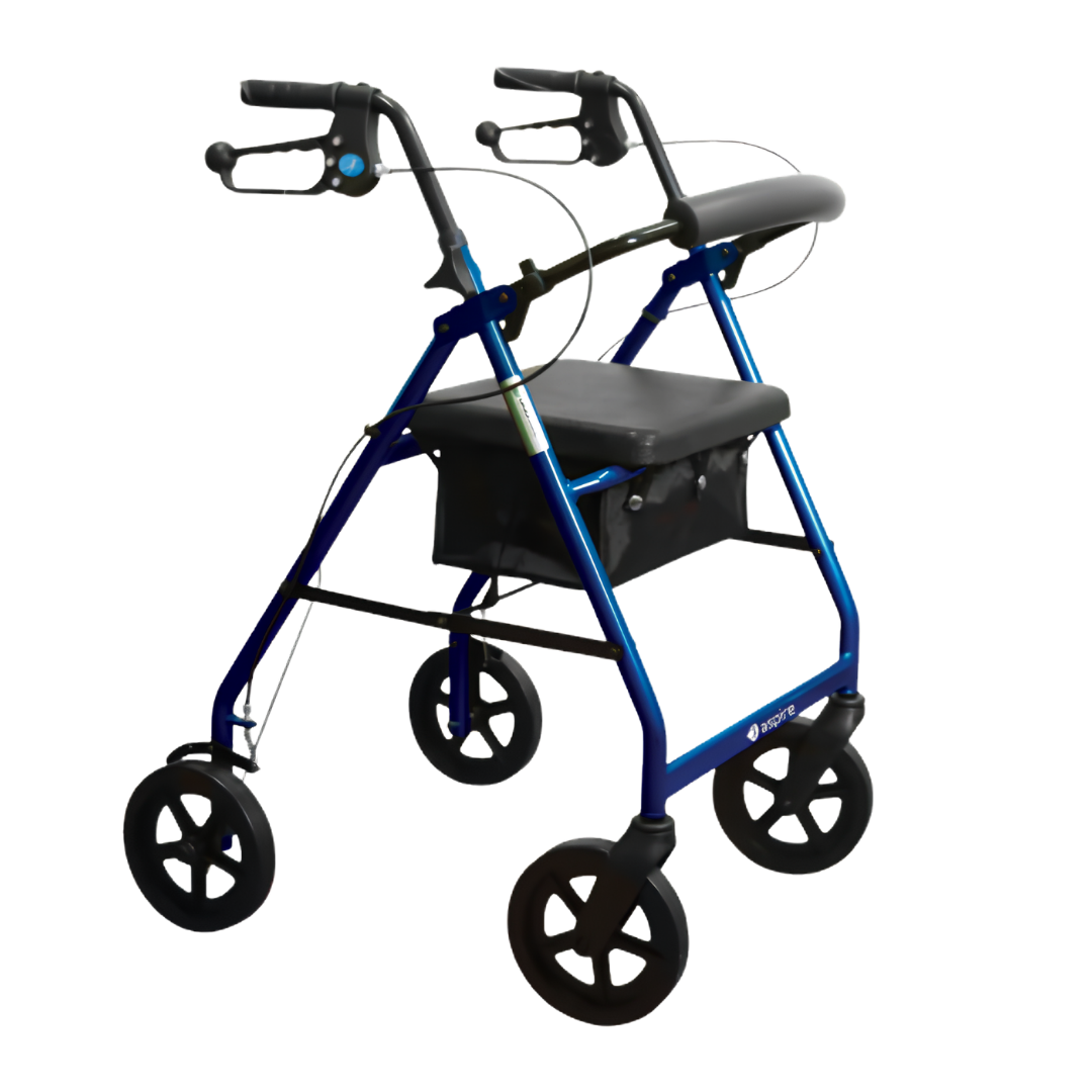 Aspire Deluxe Seat Walker in blue, lightweight frame with 130kg safe working load, 46cm seat width, and 82–94cm adjustable height range.