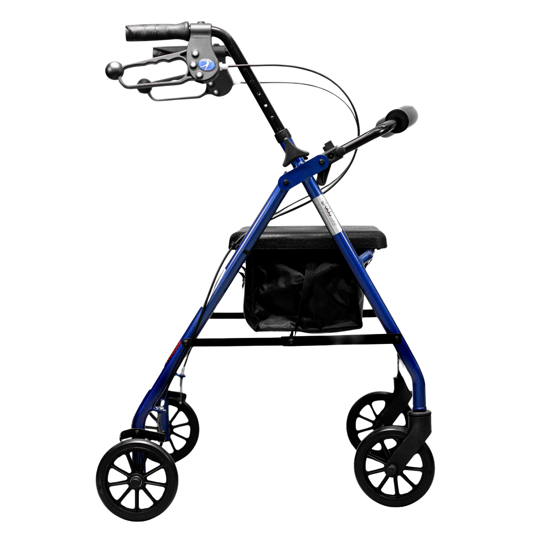 Aspire Deluxe Seat Walker in blue, lightweight frame with 130kg safe working load, 46cm seat width, and 82–94cm adjustable height range.