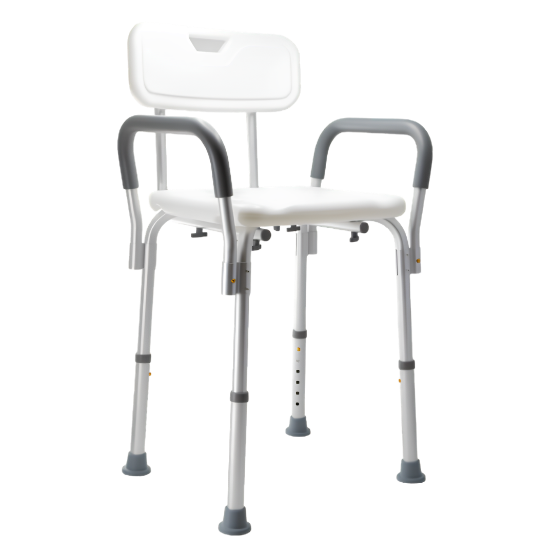 Aspire Homecare Shower Chair, lightweight design with 100kg safe working load, 34cm seat depth, 41cm seat width, and 75–88cm adjustable height.