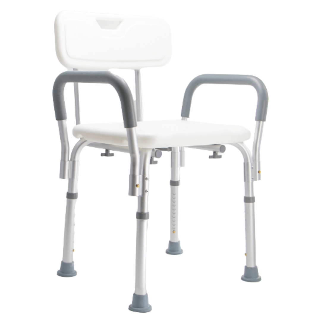 Aspire Homecare Shower Chair, lightweight design with 100kg safe working load, 34cm seat depth, 41cm seat width, and 75–88cm adjustable height.