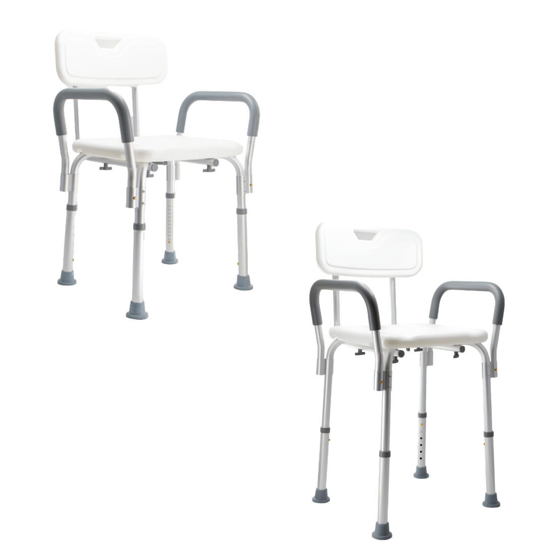Aspire Homecare Shower Chair, lightweight design with 100kg safe working load, 34cm seat depth, 41cm seat width, and 75–88cm adjustable height.